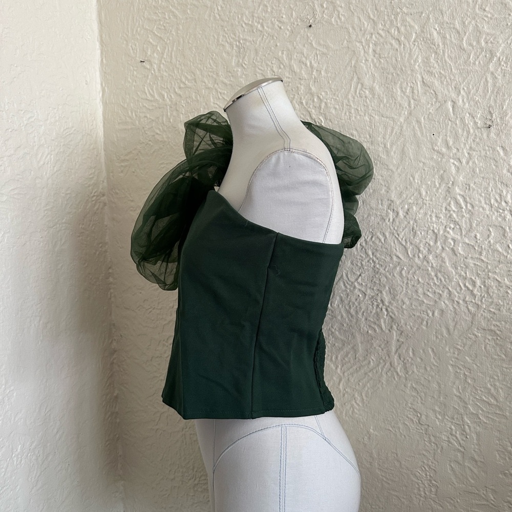 Anthropologie Sunday in Brooklyn Forest Green Asymmetrical Tulle Ruffle Top M - Picture 8 of 13